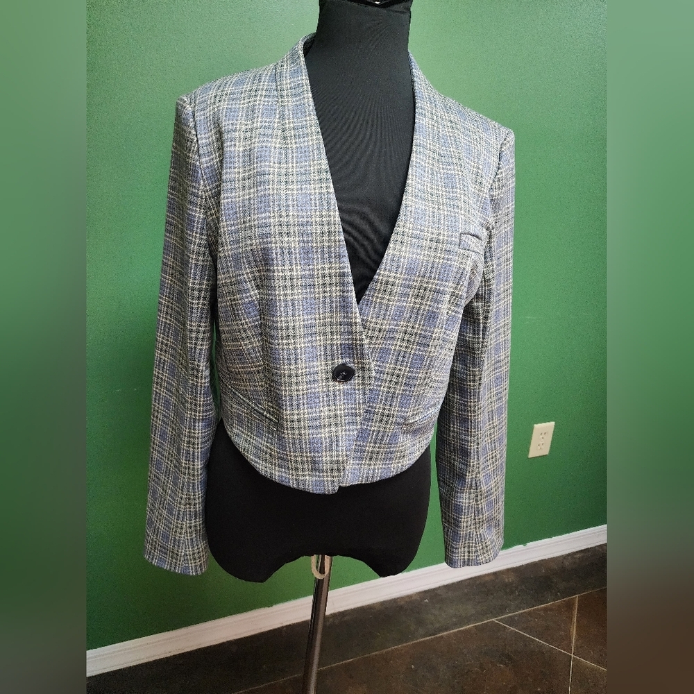 Anthropologie Plaid Cropped Blazer | Size 12 | Blue & Gray Tailored Jacket